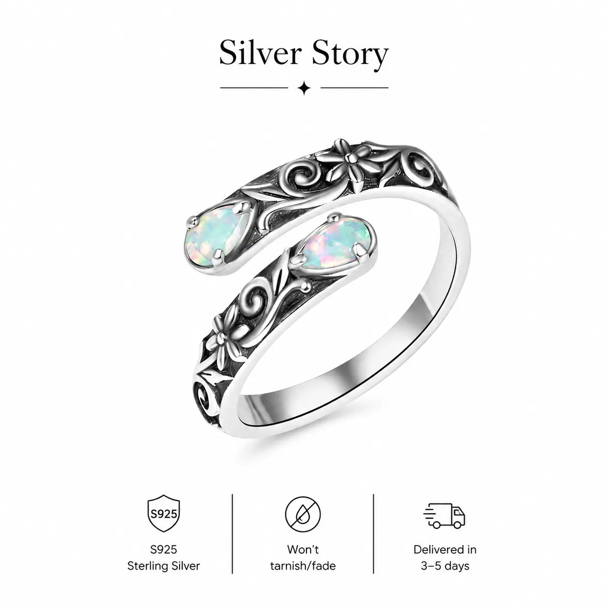925 Sterling Silver Open Ring, Vintage Filigree Adjustable Bypass Ring, Boho Witchy Opal Promise Ring, Oxidized Silver Statement Ring for Women, Gothic Floral Opal Jewelry Gift for Her, Hypoallergenic 925 Silver Ring