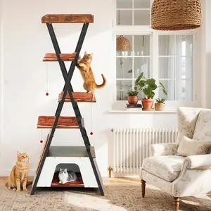 Modern Wooden Industrial Cat Tree Tower, Multi-Level Cat Playground for Indoor Cats, Durable Cat Condo with Scratching Posts & Washable Cushions