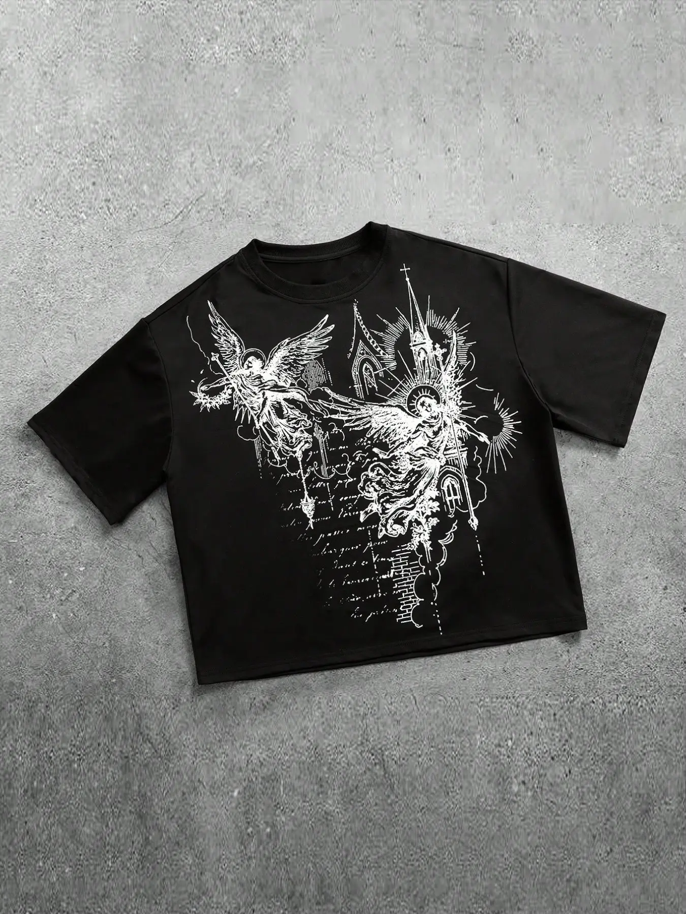 Unisex Trendy Streetwear Dark Aesthetic Sacred Church Short T-Shirt Round Neck, Gothic Art Details, Loose Fit, Casual Style, Hardcore Subculture Choice
