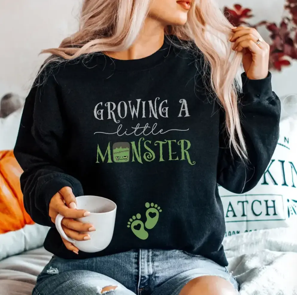 Pregnant Monster Halloween Sweatshirt, Fall Pregnancy Announcement Funny Gift, Expecting Couple Baby Reveal, Spooky Matching Maternity Sweatshirt