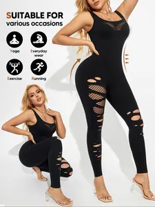 Women's High Compression Cutout Jumpsuit, Fashionable Ripped Unitard, Push Up Buttocks, 4-Way Stretch Shapewear Romper