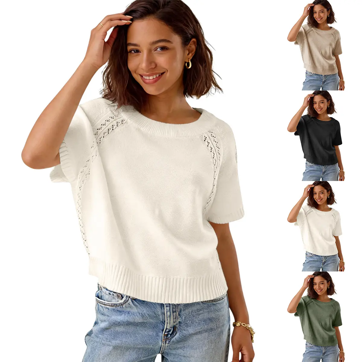 Molitree Women Knit Crochet Top Short Sleeve Crew Neck Loose Fit Pullover Sweater Summer Fall Fashion Casual Knitted Blouse