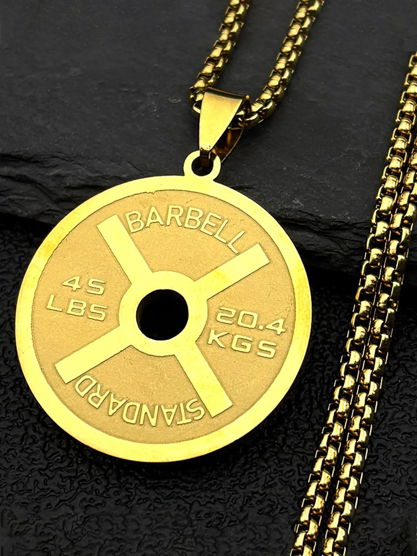 Vintage Punk Barbell Plates 45 LB Dumbbell Pendant Necklace for Women Men Stainless Steel Gold Color Fitness Gym Sports
