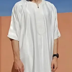 Men Kaftan Arabic Thobe Loose Striped Print 3/4 Sleeves Nightshirt Nightgown Sleepwear Middle Eastern Clothing