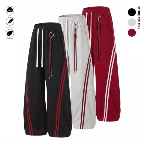 Men's Unisex Cut Baggy Sweatpants - Oversize Wide-Leg Casual Sportswear Pants with Side Stripes, Polyester Athleisure Design Athletic Casual Trousers, All-Season Mens Clothing Swag Clothes Lounge Bottoms