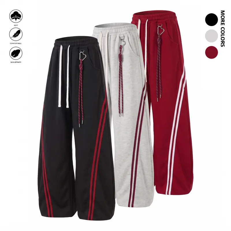 Men's Unisex Cut Baggy Sweatpants - Oversize Wide-Leg Casual Sportswear Pants with Side Stripes, Polyester Athleisure Design Athletic Casual Trousers, All-Season Mens Clothing Swag Clothes Lounge Bottoms