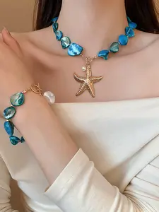Irregular Shell Starfish Pearl Necklace Bracelet Earrings Set, Unique Design Jewelry for Women, Elegant Accessory for All Occasions
