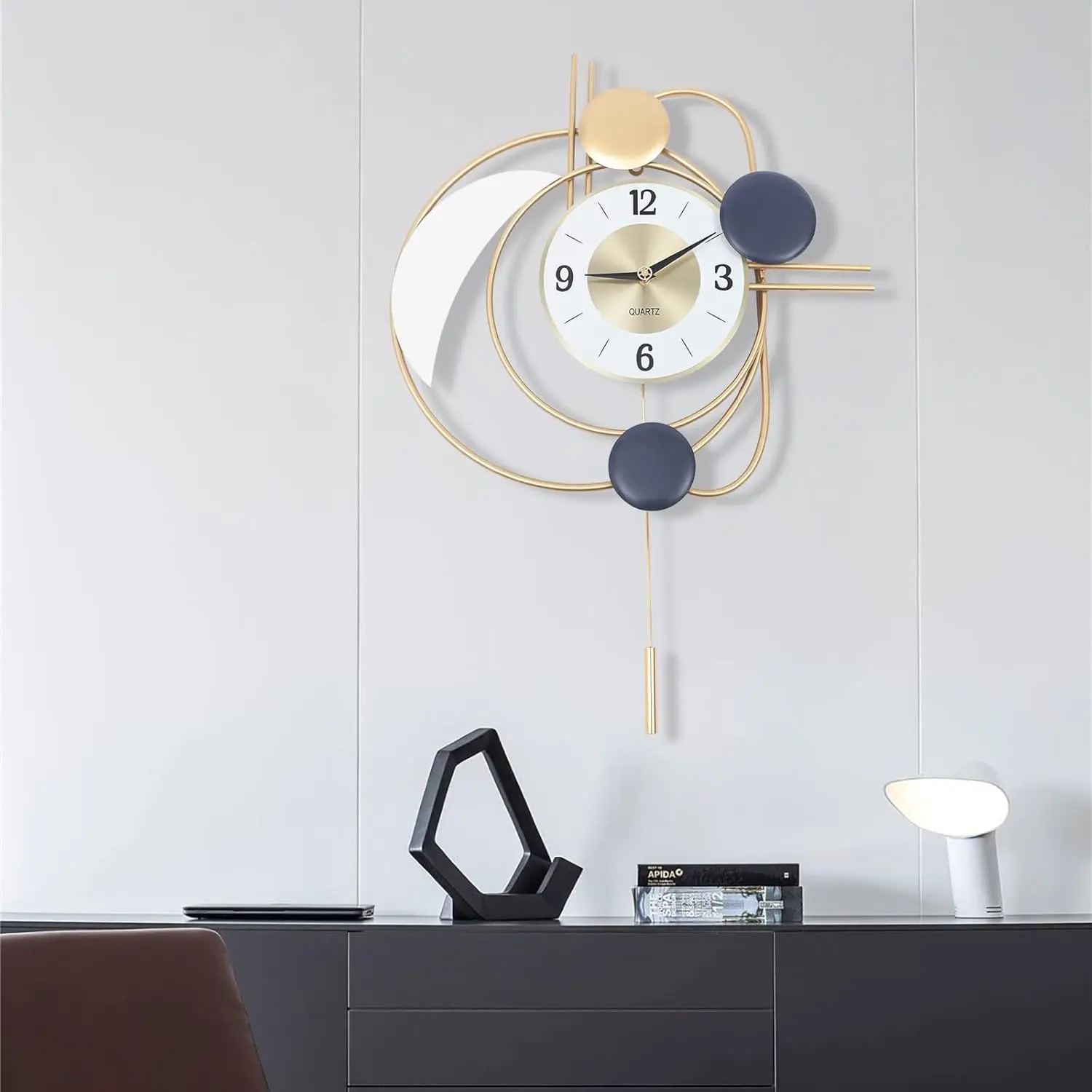 Large Modern Metal Silent Analog Decorative Wall Clock with Swing Pendulum - Hangable 1.3kg Luxury Home Decor for Kitchen, Living Room, Home Decor Enthusiasts