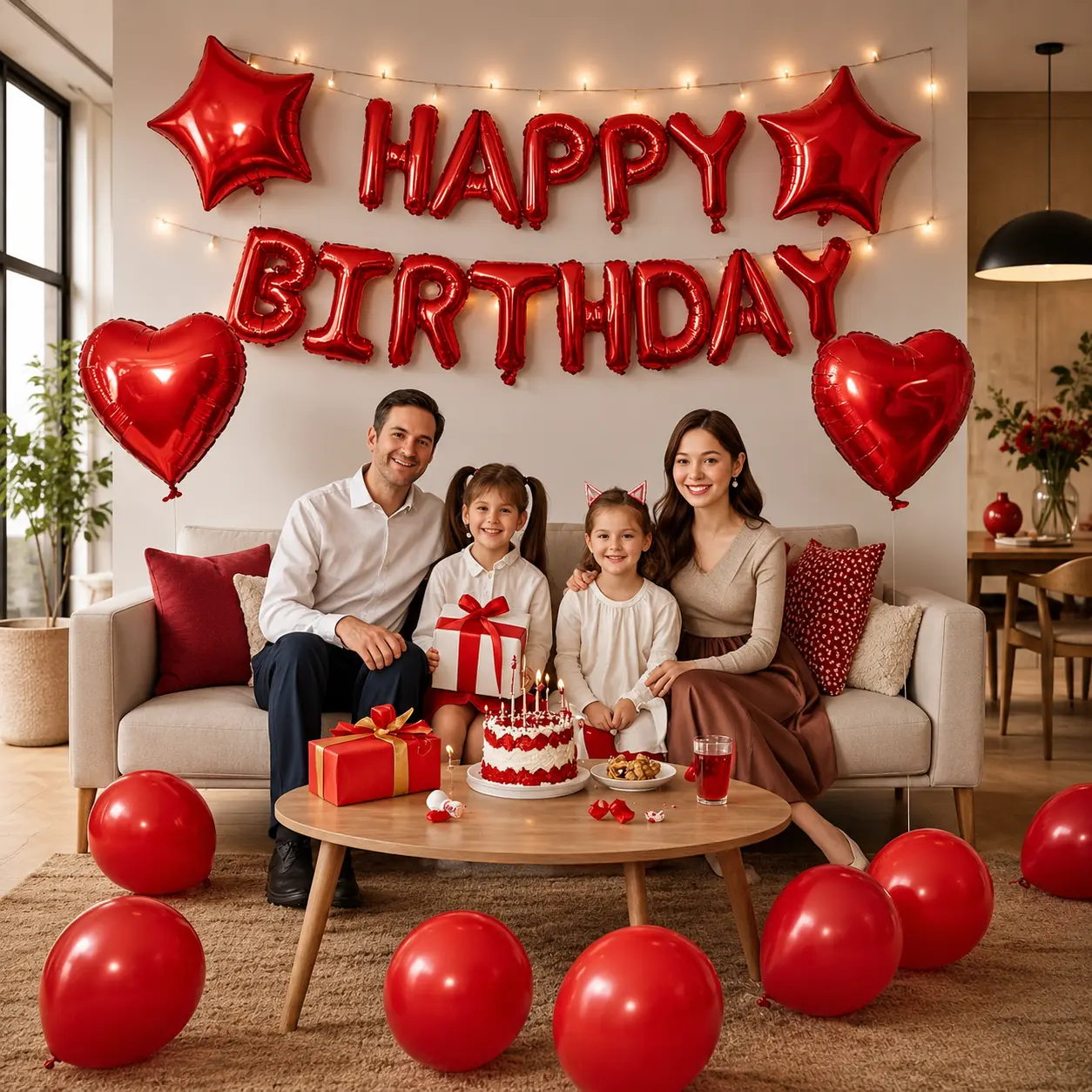 Red Birthday Party Balloon Decorations Set, Happy Birthday Banner with Heart & Star Foil Balloons for Party Backdrop Decor