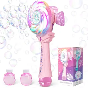 Bubble Wands for Kids Age 4-8: Windmill Light Up Automatic Bubble Machine Rechargeable With 2 Bubble Solution Outdoor Party Birthday Toys for Toddlers, Gift for 3 4 5 6 7 8 Year Old Girls, Pink Multifunctional Bubble Making Machine