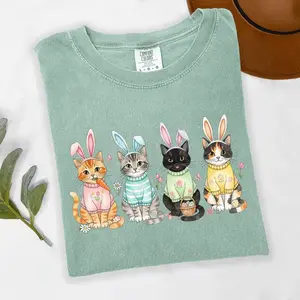 Comfort Colors Cute Easter Cat Shirt, Bunny Ear Kittens Graphic T-Shirt, Cat Mom Spring Gift