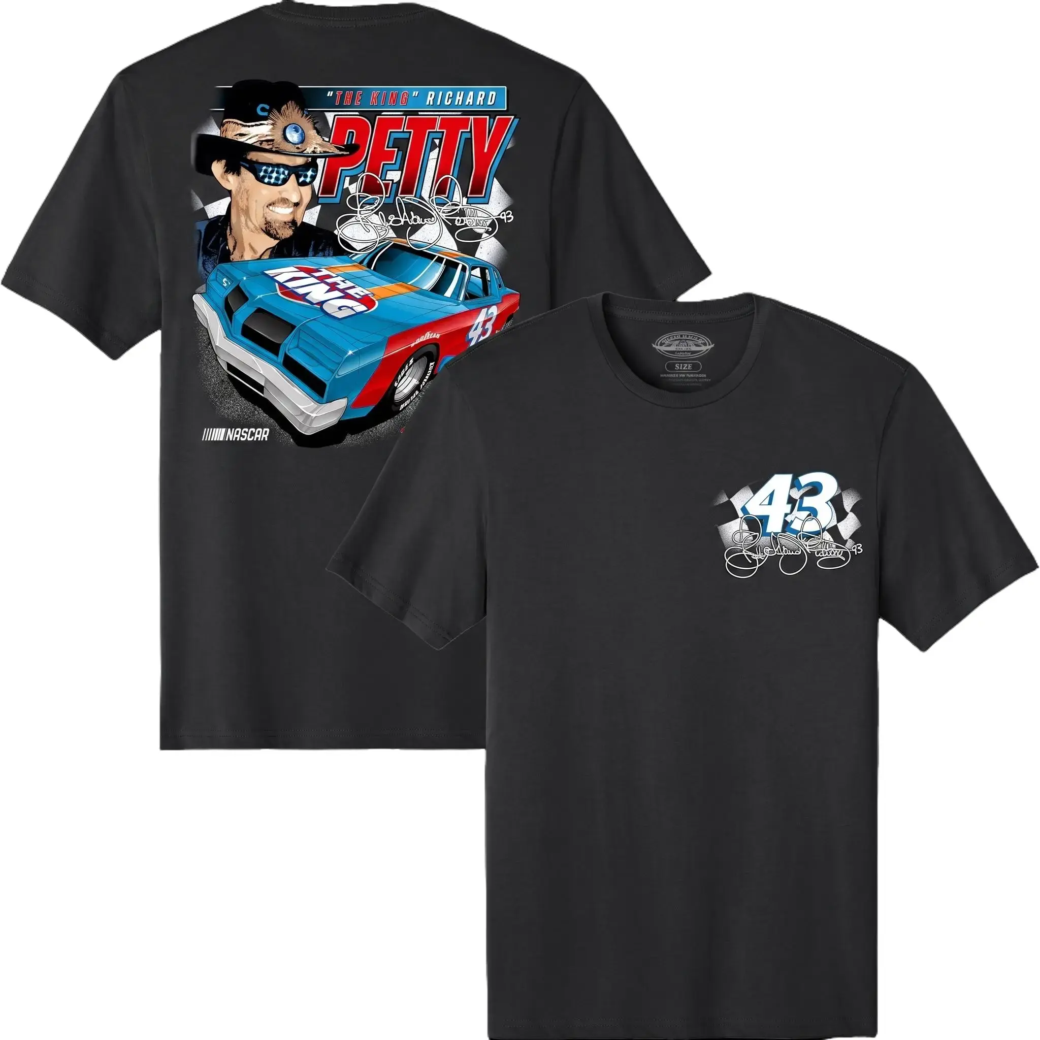 Richard Petty The King 43 Graphic T-Shirt, Premium Black Unisex NASCAR Racing Tee, Vintage Motorsport Legend Race Car Fan Apparel, Retro Auto Racing Champion Signature Top, Two Sided Classic Driver Merch, Cool Car Enthusiast Gift For Men Women