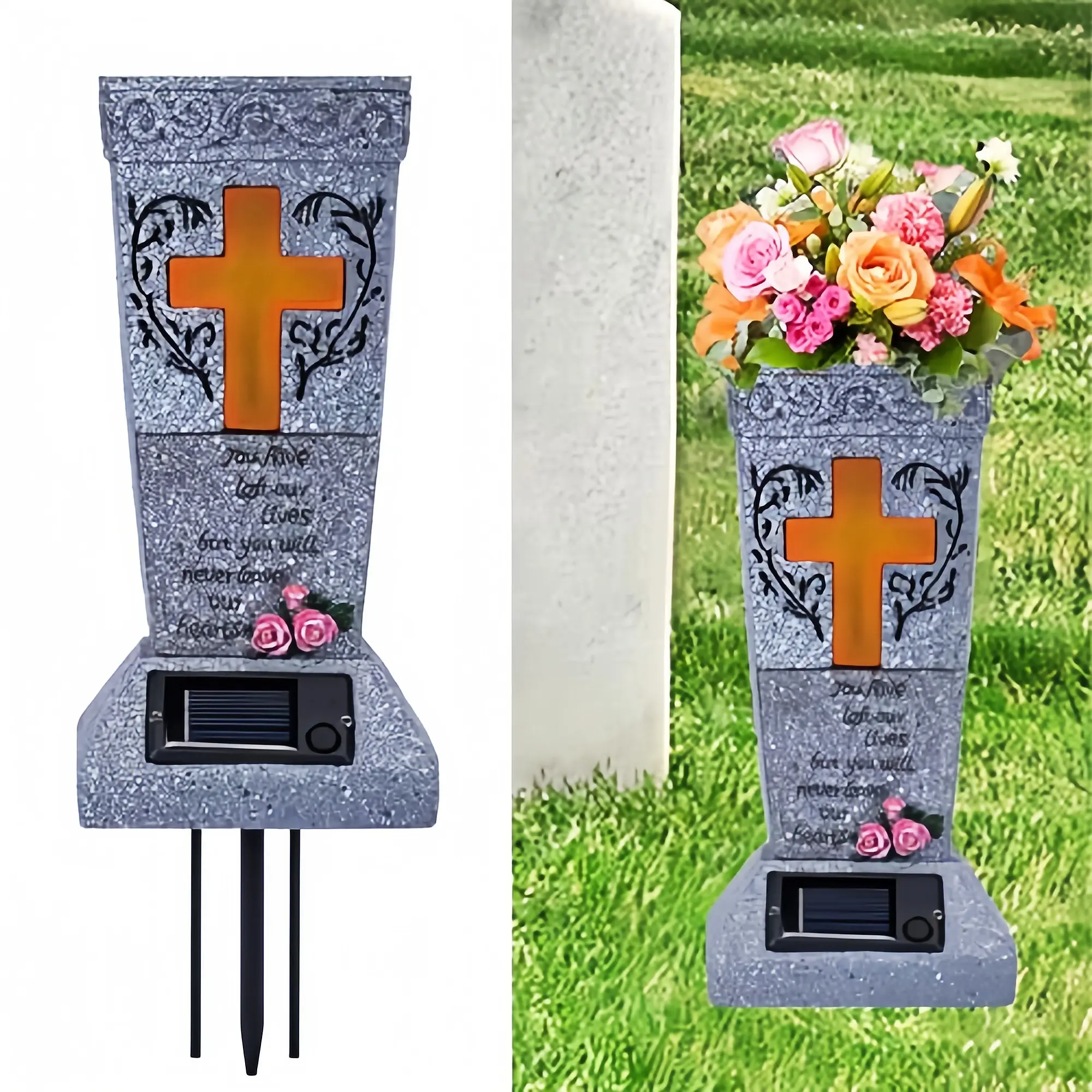 Solar LED Cemetery Flower Vase with Spike, for Fresh & Artificial Flowers - Outdoor Grave, Headstone Memorial Decoration