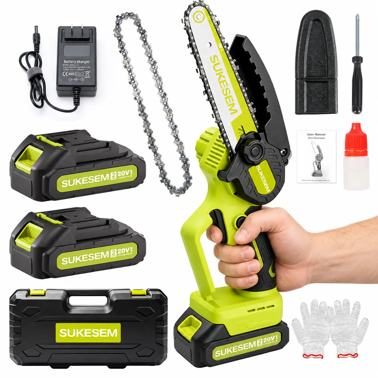 SUKESEM 6-in Cordless Mini Chainsaw, Lightweight 1-Handed Cordless Power Saw with Battery Level Display for Tree Pruning, Yard Work (Ideal for Yard Users), Mini Saw