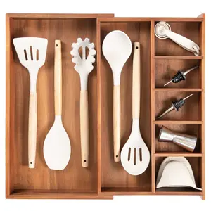 Acacia Drawer Organizer for Utensils & Junk Food-Safe Contract Grade with 100% Sustainable Wood, Non-Slip (Expands 10.5-19in) Boxes Kitchen Racks Wooden