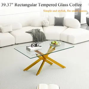 39.37" Rectangular Clear Tempered Glass Coffee Table with Gold Metal Legs - Easy Clean, Adjustable Feet, 180lbs Capacity for Small Space, Gold