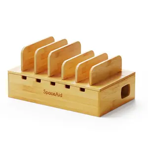 Bamboo Charging Station for Multiple Devices – Cell Phone Docking Station for Laptops, Tablets, and iPads – Nightstand and Desk Charger Organizer Adjustable Compact
