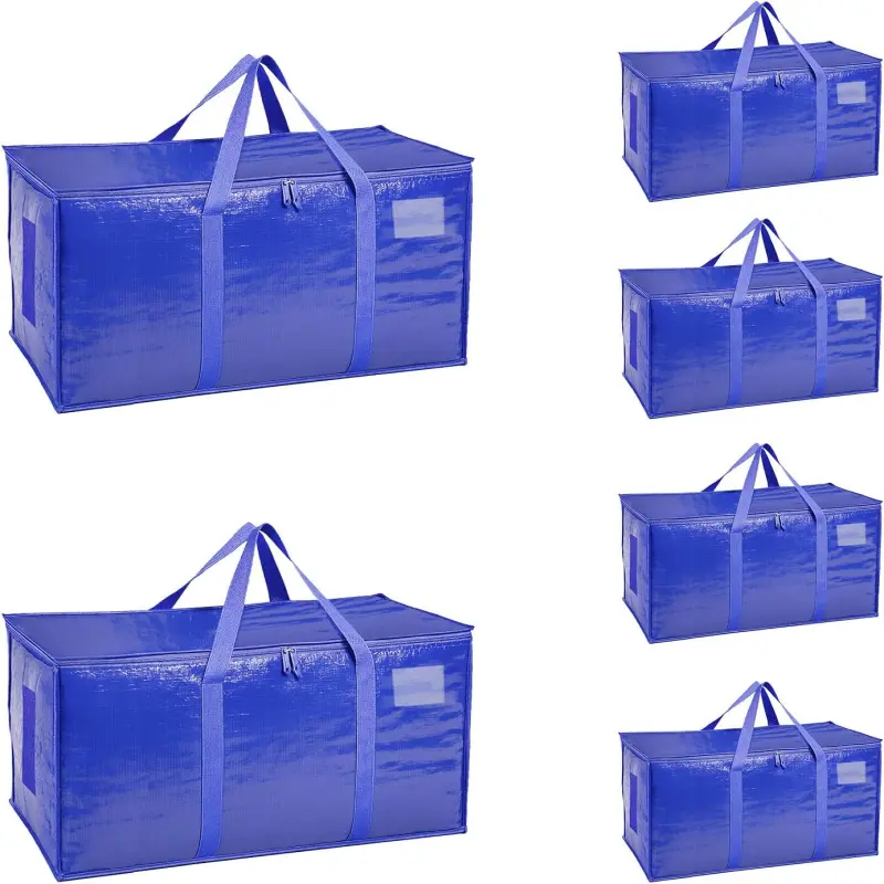 Sturdy Oversized Moving Bags, 50-Pound Capacity Carry Bags, 6-Pack, Durable Waterproof and Puncture-Resistant Winter Clothing Storage Bags Ideal for Moving, Heavy-Duty Carry Handles, Zipper Closure, Blue