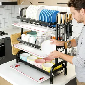 2026 Three-Tier Dish Rack | Large Capacity Metal Kitchen Countertop Organizer with Knife Fork Holder & Cutting Board Stand | Wet-Free Quick Drain Storage Shelf for Dishes, Utensils & Cutlery