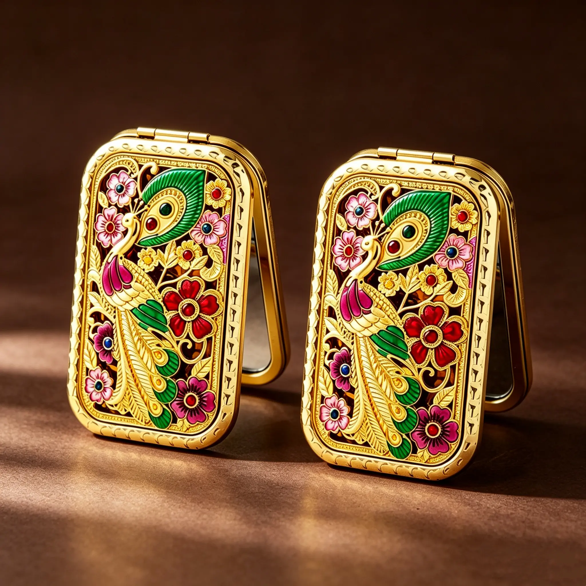 Vintage Compact Mirror with Peacock & Floral Pattern for Women, Dual-Sided Folding Design with Antique Gold Finish, Portable for Travel & Purses, Travel Makeup Mirror, Portable Mirror