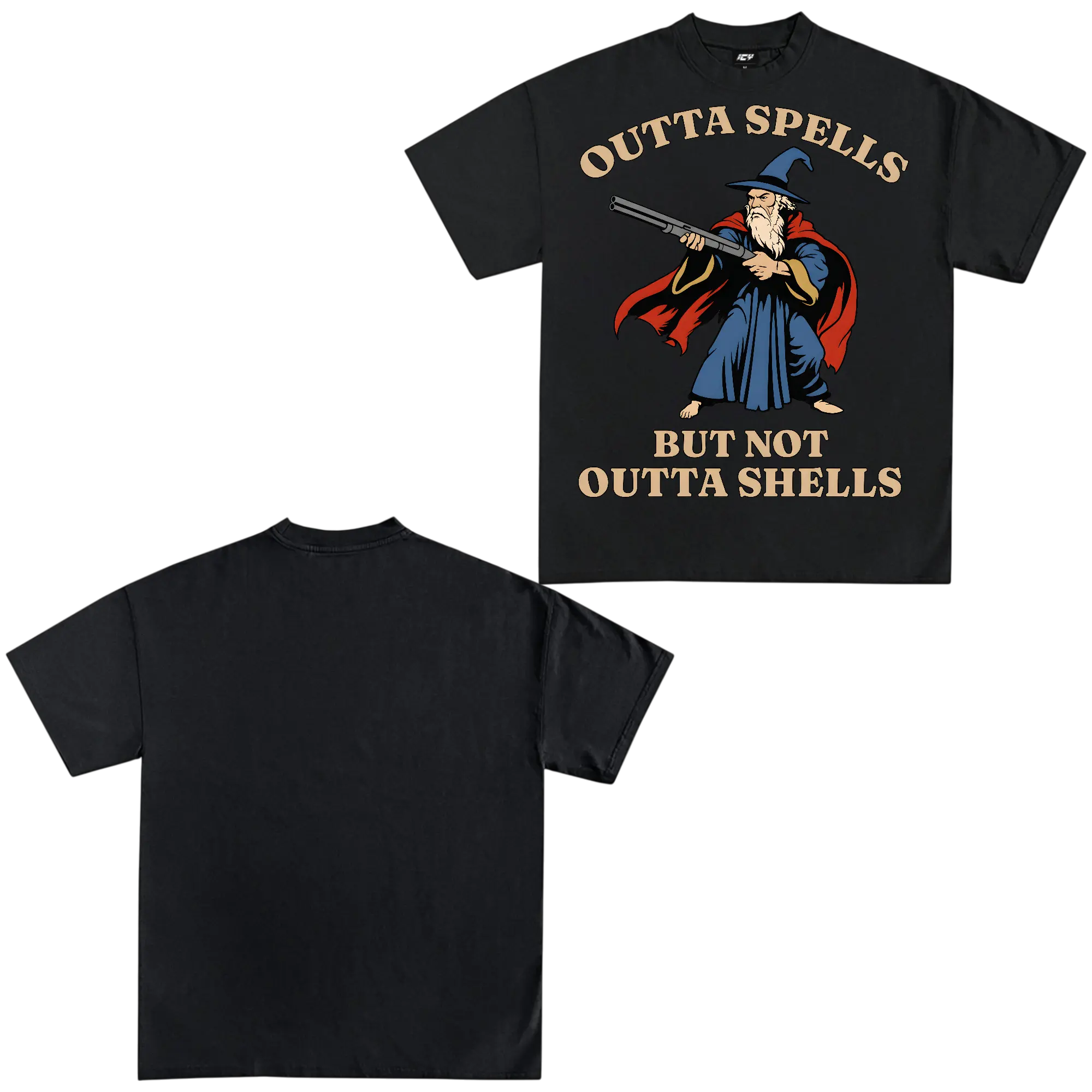 Outta Spells Not Outta Shells Wizard Shotgun Halloween Graphic T Shirt Funny Witch Tee Retro Spooky Costume Shirt Unisex Cotton Tee Gift for Halloween Fans