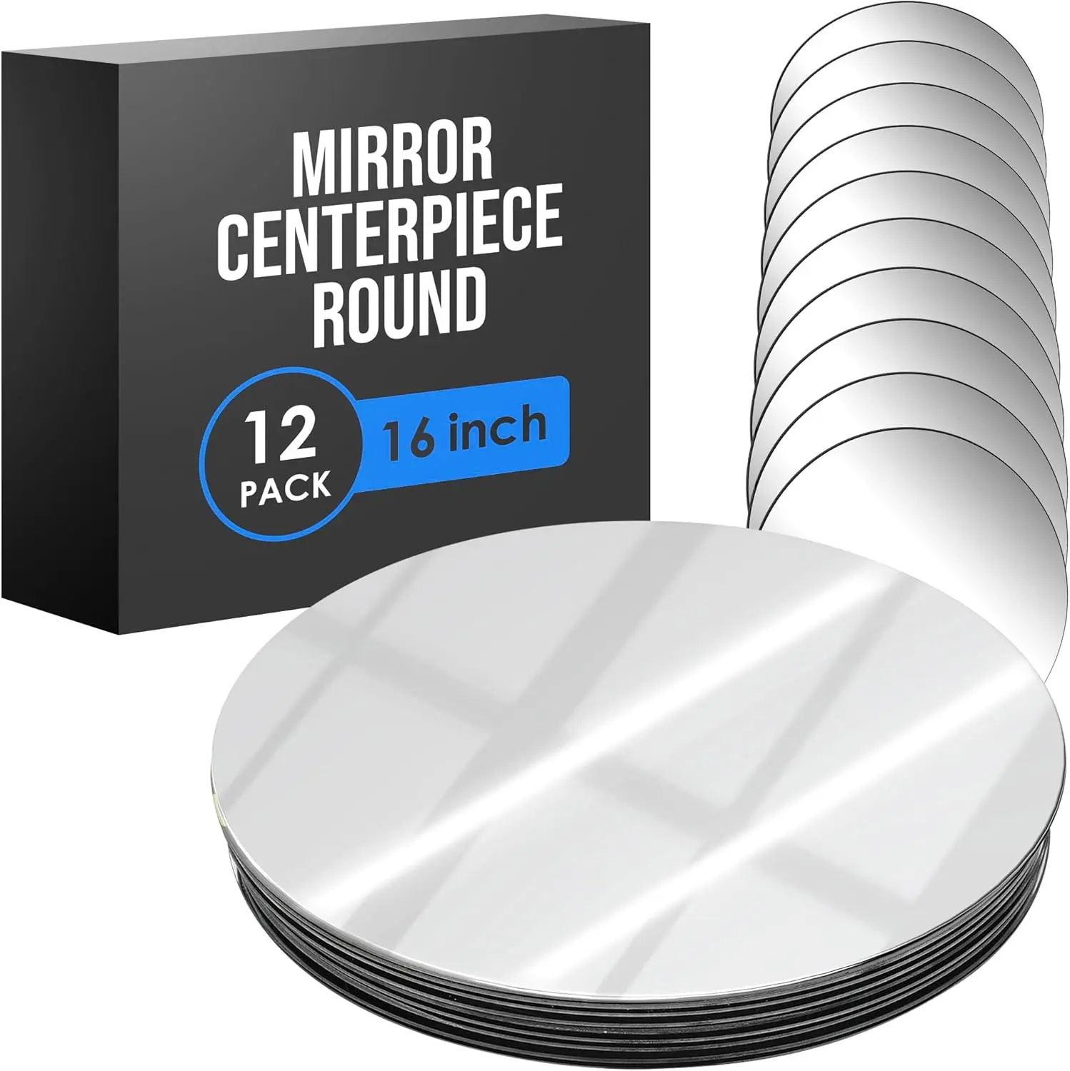 Houseables Mirror Centerpieces for Tables, Round Mirrors for Centerpieces, Mirrored Trays, Round Table Plate Tray, Circle, Glass Charger, Wedding, Center Piece, Base, Candle, Decor, 16 Inch, 12 Pack