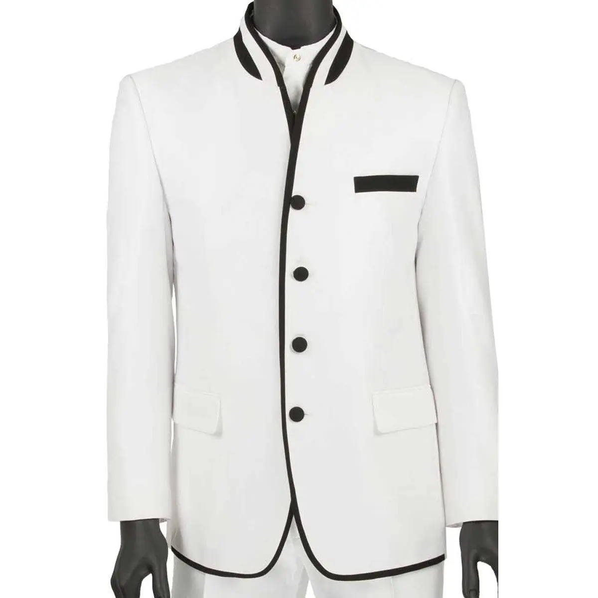 Mens 4 Button Mandarin Banded Trim Tuxedo in White