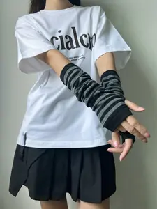 Women's Colorblock Striped Print Half-finger Gloves, Casual Cute Knitted Long Gloves for Fall & Winter, Fashion Accessories for Women & Girls