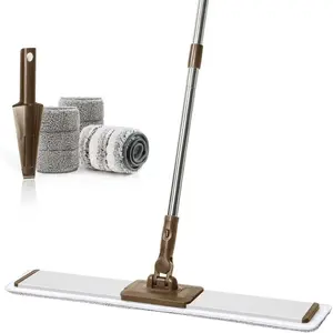 Commercial Flat Microfiber Floor Mop Cleaning System 24" Inch Wet Dry and Dust Hardwood with 4 Washable Pads Cleaner for Laminate Tile Stainless Steel Handle and Extension (PT14 Brown)