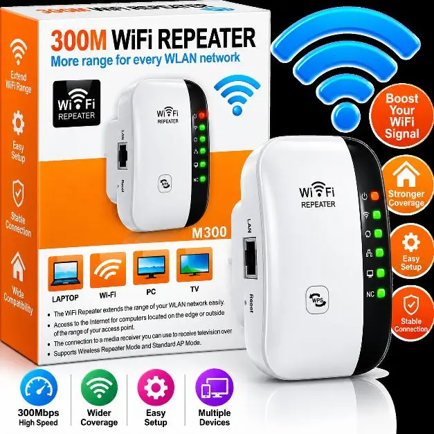 300M WiFi Repeater 300Mbps 2.4GHz Wireless Range Extender & Access Point for Home Office Extends Wi-Fi Coverage Reduces Dead Zones Supports WPA2 WPA WEP Secure Connection