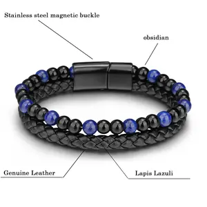 Natural Lapis Lazuli Gemstone Bead Bracelet for Men - Leather Double Braided Bracelet with Stainless Steel Magnetic Clasp