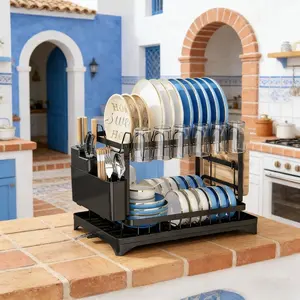 Multifunctional kitchen rack, double-layer dish rack with drain tray tableware storage, with water tray and tableware storage rack, dishes are more hygienic to drain