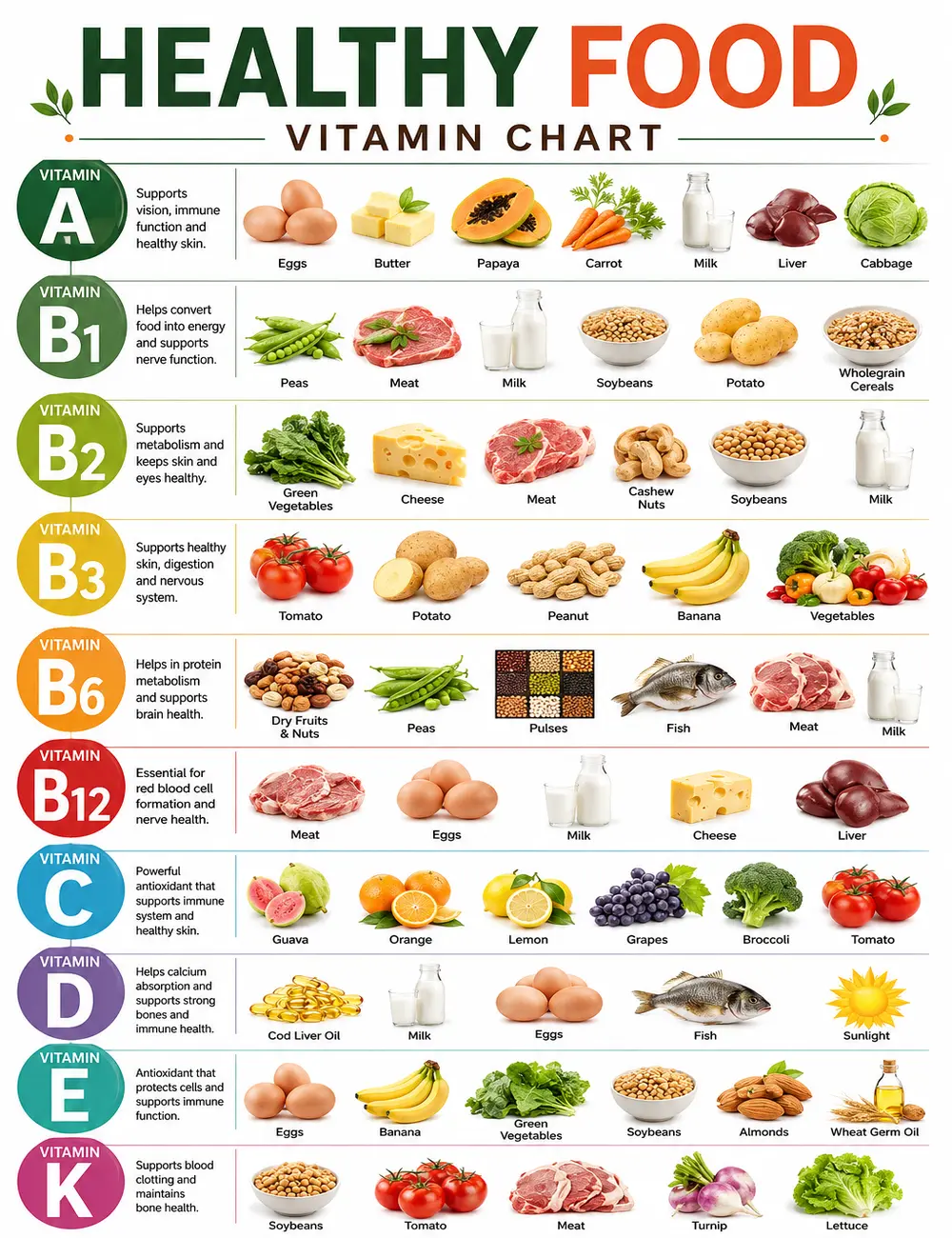 Healthy Food Vitamin Chart Poster Nutrition Guide Wall Art Educational Food Vitamins Print Healthy Eating Infographic Canvas Nutrition Facts Kitchen Classroom Wellness Dietitian Office Decor Homeschool Learning Chart Gift Framed or Unframed Print
