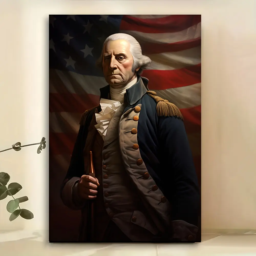 High-Res George Washington Film Sequence Portrait Art Print, Pine Wood Frame, White Semi-Gloss Artist Material, American Flag Background, Custom Sizes Home Decor Wall Ornament, High-Res Print