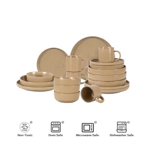 Bestselling versatile Nordic-style round 20-piece stoneware tableware set, speckled matte beige ceramic plate and bowl set.