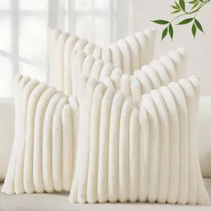 Set of 4 Faux  Throw Pillow Covers 18x18 Inch Decorative Farmhouse Modern Soft Plush Striped Couch Pillow Covers with   for Sofa, Bed, Living Room, Cream White