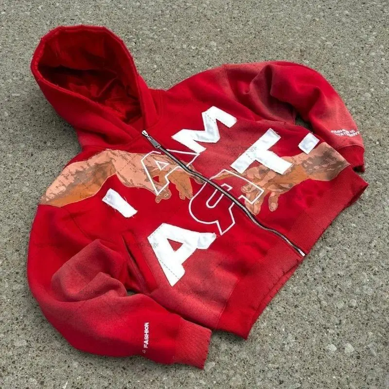 Hip-hop Trendy Streetwear Y2K Harajuku American Retro Letter Print Zipper Hoodie Men's Punk Casual Colorful Sweatshirt Menswear Tops Red Pullover Long Sleeve Aa