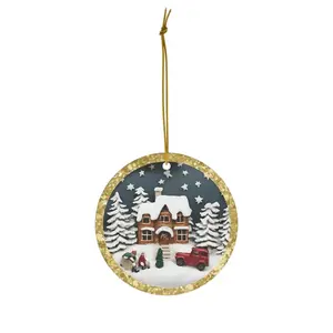 Classic Christmas Ceramic Ornament Featuring a Red Tin Car - Circle, Star, Heart, Oval Shapes
