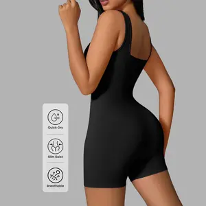 Women's Ribbed Square Neck Seamless Short Bodysuit Tank Top - Athletic Style Activewear, Workout Apparel, Fitness Sport Outfits, Yoga Jumpsuits