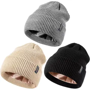 3 Pack Satin Lined Beanie for Women Men, Silk Lined Winter Hats for Cold Weather, Warm Cable Knit Skull Cap Cuffed Beanies