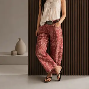 Women's Printed Wide-Leg Jeans Y2k Loose Mid-Rise Jeans in Soft Pink with Boho Floral Pattern Casual Denim Trousers