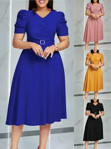 Lady Elegant Blue Puff Sleeve Cinched Waist Dress，Womens Elegant Solid Color Round Neckcap Sleeve Daily Work