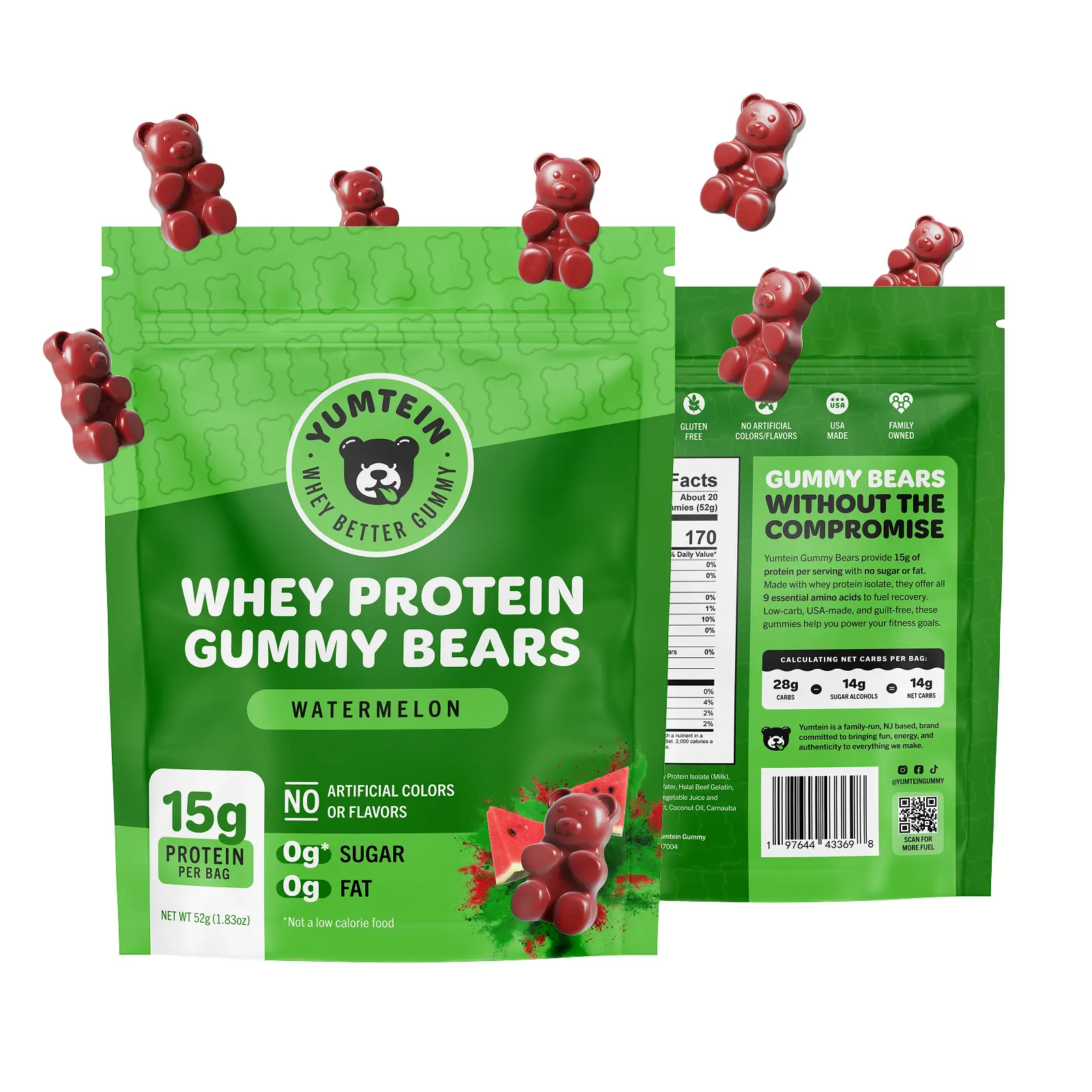 Yumtein Protein Gummy Bears - 15g Protein, 0g Sugar, 0g Fat - Halal Beef Gelatin - Natural Colors - Watermelon (170 Cal)