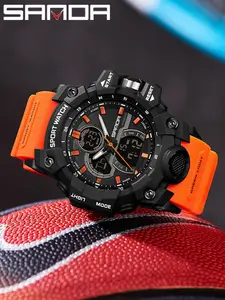 Sanda 6198 Dual Display Sports Watch, Quartz Watch, 50m Waterproof, Night Vision, Scratch-Resistant Acrylic Mirror, Tpu Strap, Hardcore Functional Style