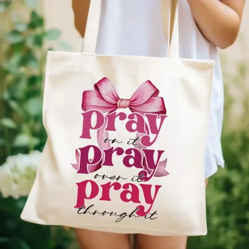 Christian Pink Canvas Tote Bag with "Pray On It" Bow Design - Durable, Spacious Handbag for Women, Perfect for Shopping & Everyday Use, Stylish Canvas Bag, Sturdy Handle Bag