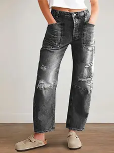 Women's Ripped Pocket Straight Leg Jeans, Fashion Casual Denim Pants for Daily Outdoor Wear, Ladies Bottoms for All Seasons,  Ripped Jeans
