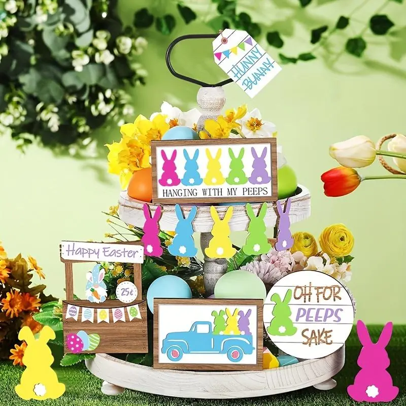 Easter Themed Wooden Decoration Set, 12pcs/set Easter Rabbit Decoration Set, Home Decor for Living Room Bedroom Dining Room, Ornaments