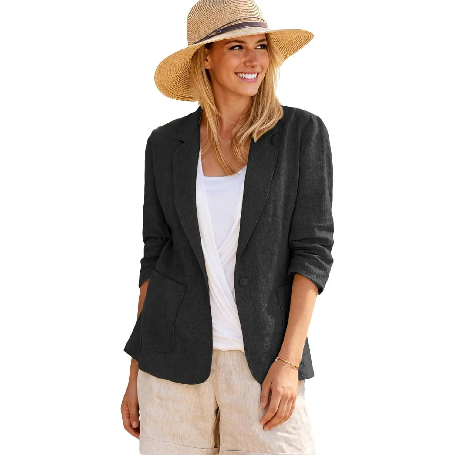 2026 Summer Women’s Linen Blazer Jacket - Lightweight Breathable 3/4 Stretchy Ruched Sleeve Casual Work with Pocket