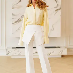 Kaia White Asymmetric Overlay Straight-Leg Pants