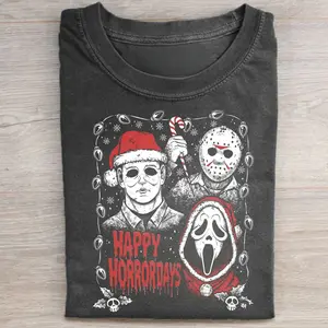 Vintage Happy Horrordays Graphic Tee - Ghostface, Michael Myers, Jason Voorhees Shirt - Horror Characters Tee - Cute Horror Character with Christmas Tree Merch - Santa Claus - Funny Merry Christmas Shirt - Christmas Gifts - Holiday Humor Shirt